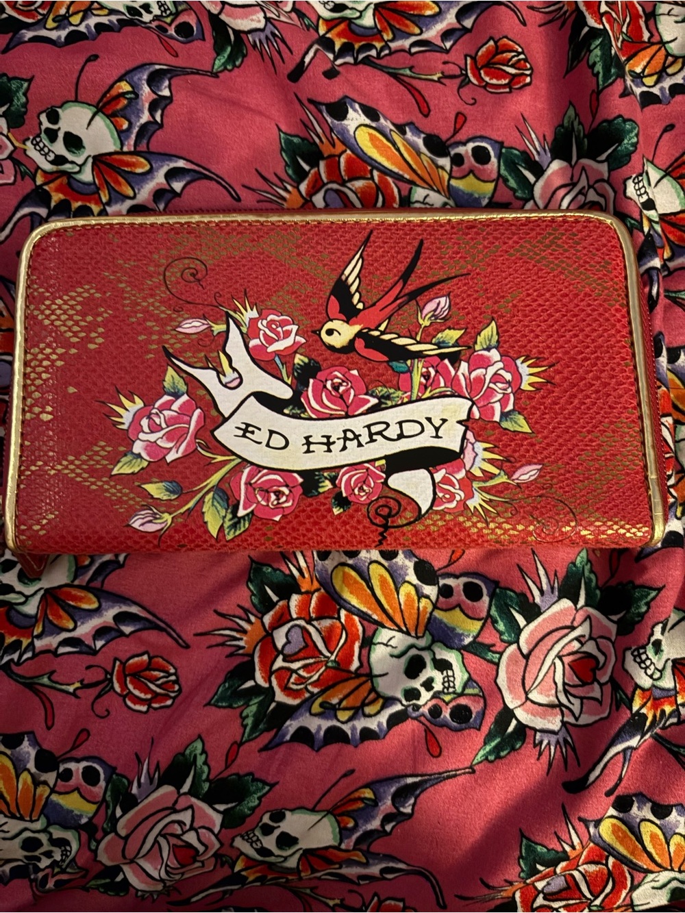 Ed Hardy Red Floral & Swallow Zip Wallet with Gold Trim